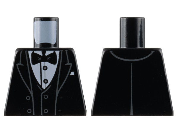 Lego Torso Tuxedo Jacket Open with Dark Bluish Gray Outlined Lapels over Vest and White Shirt with Silver Buttons, Bow Tie, Pocket Square Pattern / Black