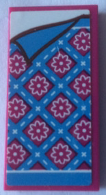 Lego Tile 2 x 4 with Bedspread with Magenta Flowers and Medium Blue Stripes and Corner Pulled Back Pattern (Sticker) - Set 41126