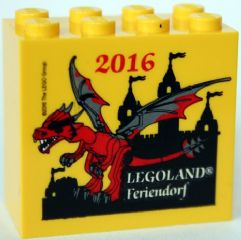 Lego Brick 2 x 4 x 3 with Legoland Feriendorf 2016 Dragon Pattern / Yellow
