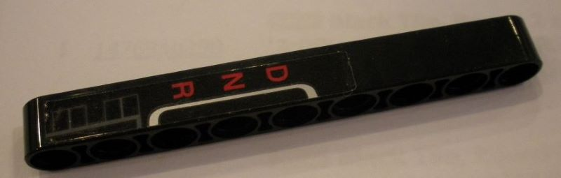 Lego Technic, Liftarm Thick 1 x 9 with Red 'DNR' Gear Shift and White Geometric Lines Pattern Model Left Side (Sticker) - Set 42056 / Black