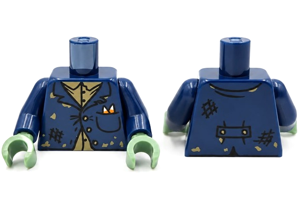 Lego Torso Tattered Suit Jacket with Spots, Black Scuff Marks, White and Orange Candy Cane in Pocket, Dark Tan Shirt Pattern (BAM) / Dark Blue Arms / Sand Green Hands