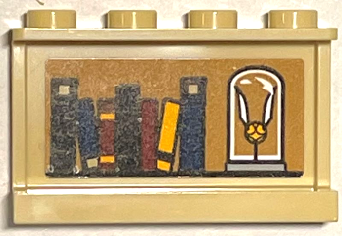 Lego Panel 1 x 4 x 2 with Side Supports - Hollow Studs with Books and Golden Snitch in Glass Container on Medium Nougat Background Pattern (Sticker) - Set 76399 / Tan