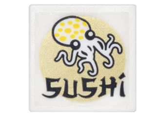 Lego Road Sign 2 x 2 Square with Open O Clip with Octopus, Gold Circle and Black 'SUSHI' Pattern (Sticker) - Set 70620 / White
