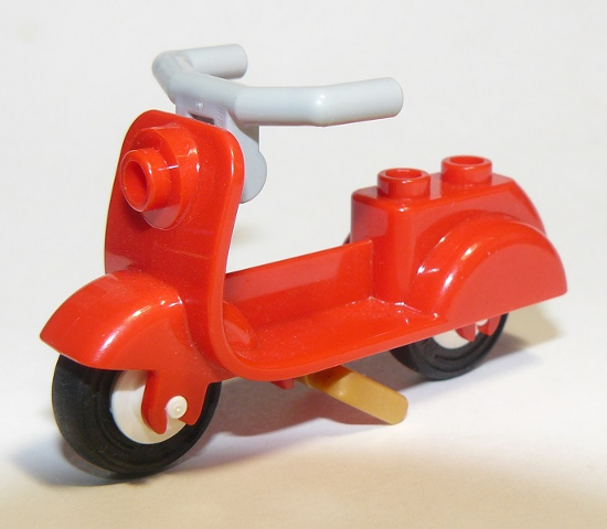 Lego Scooter with Pearl Gold Stand, Light Bluish Gray Angular Handlebars, and White Wheels
