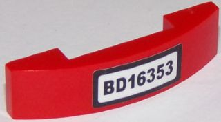 Lego Slope, Curved 4 x 1 x 2/3 Double with 'BD16353' Pattern (Sticker) - Set 60119 / Red