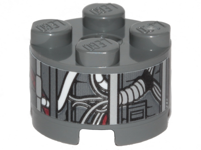 Lego Brick, Round 2 x 2 with Axle Hole with SW Landspeeder Pipes and Circuitry Pattern (Sticker) - Set 75271 / Dark Bluish Gray