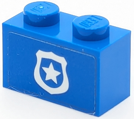 Lego Brick 1 x 2 with White Police Badge with Star Pattern (Sticker) - Set 40347 / Blue