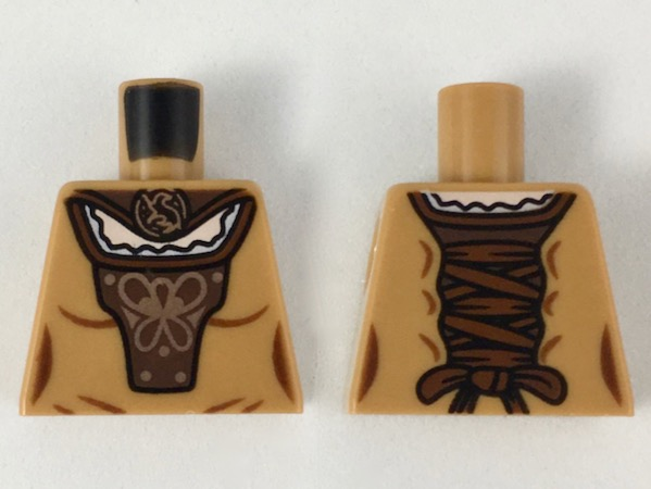 Lego Torso Female, Dress with Dark Brown Cape and Front Panel, Copper Badger Brooch and Design Pattern / Medium Nougat
