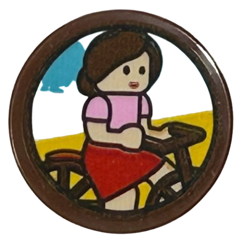 Lego Tile, Round 2 x 2 with Bottom Stud Holder with Woman Minifigure with Bright Pink Top and Red Skirt on Bicycle Pattern (Sticker) - Set 43217 / Reddish Brown