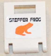 Lego Container, Box 2 x 2 x 2 Door with Slot with 'SNIFFER FROG' Pattern (Sticker) - Set 5985 / White