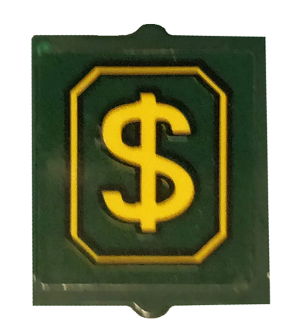 Lego Glass for Window 1 x 2 x 2 Flat Front with Yellow Dollar Symbol Pattern (Sticker) - Set 76120 / Dark Green