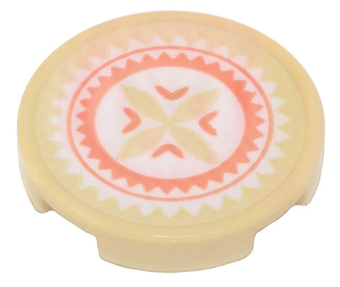 Lego Tile, Round 2 x 2 with Bottom Stud Holder with Drum Skin with Tan, Coral and White Geometric Flower Pattern (Sticker) - Set 43205
