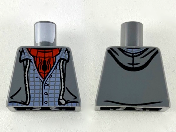 Lego Torso Jacket with Hood, Silver Zipper, Sand Blue Shirt, Red Undershirt with Black Spider and Webs Pattern / Dark Bluish Gray
