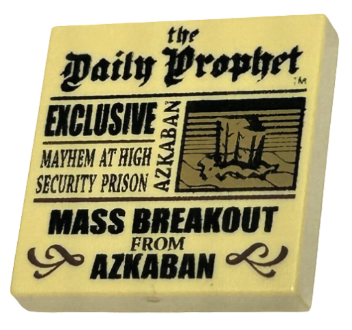 Lego Tile 2 x 2 with Newspaper 'the Daily Prophet', 'EXCLUSIVE', 'MAYHEM AT HIGH SECURITY PRISON', and 'MASS BREAKOUT FROM AZKABAN' Pattern