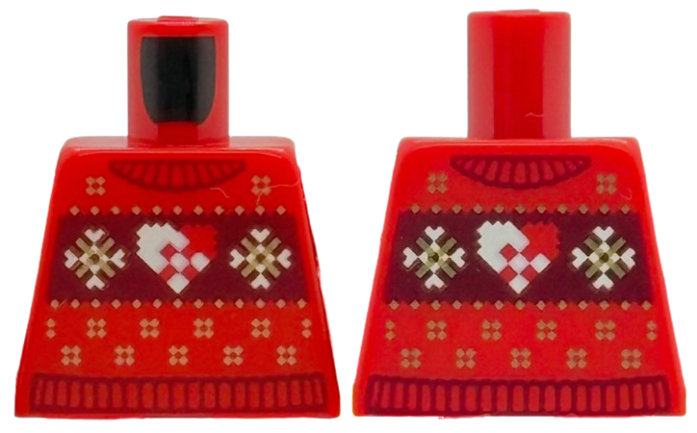 Lego Torso Knit Fair Isle Holiday Sweater with Dark Red Collar, Trim and Panel, Gold and White Snowflakes and Heart Pattern (BAM) / Red
