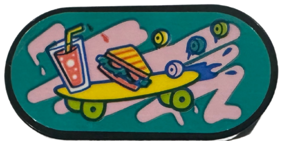 Lego Tile, Round 2 x 4 Oval with Yellow Skateboard with Lime Wheels, Drink, Sandwich, Bright Pink Graffiti and Paint Splotches on Dark Turquoise Background Pattern (Sticker) - Set 41751 / Black