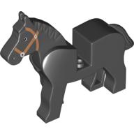 Lego Animal, Horse, Movable Head, Black Eyes with White on Two Sides, White Pupils, Brown Bridle Print / Black