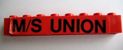 Lego Brick 1 x 8 with Black 'M/S UNION' Pattern (Sticker) - Set 364 / Red