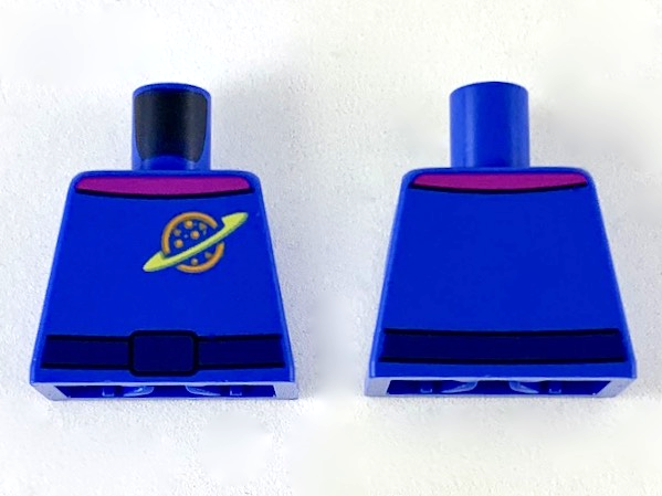 Lego Torso Space Uniform with Orange and Yellow Ringed Planet Logo, Dark Blue Belt, Magenta Collar Pattern / Blue