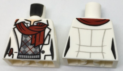Lego Torso Lab Coat with Dark Red Scarf over Knit Argyle Sweater Pattern / White