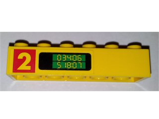 Lego Brick 2 x 6 with Number 2 and '034:06 518:07' Pattern on Both Sides (Stickers) - Set 1256 / Yellow