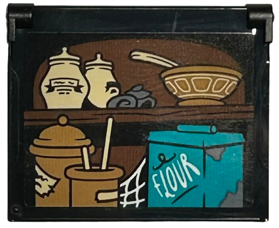 Lego Glass for Window 1 x 4 x 3 - Opening with Dark Turquoise 'FLOUR' Container, Tan and Reddish Brown Storage Jars, Bowl and Utensils Pattern (Sticker) - Set 76428 / Black