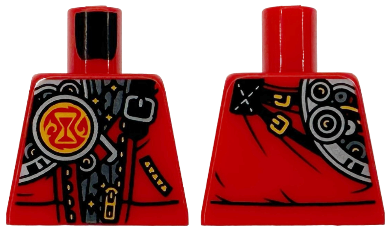Lego Torso Vest with Zipper, Pocket and Mechanical Shoulder, Bright Light Orange Wires and Hourglass, Black Straps, Silver Buckles Pattern / Red