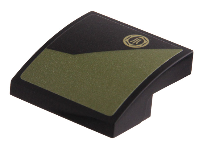 Lego Slope, Curved 2 x 2 x 2/3 with Gold Fuel Filler Cap and Olive Green Geometric Pattern Model Right Side (Sticker) - Set 76923