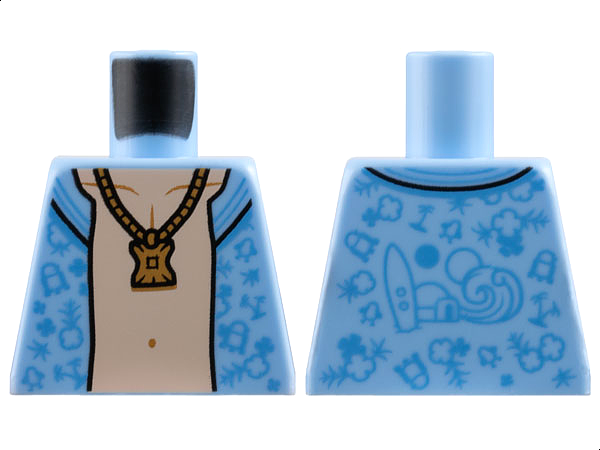 Lego Torso Hawaiian Shirt Open, Medium Blue Palm Trees, Flowers, and Droids, Light Nougat Chest, Japor Snippet Necklace Pattern / Bright Light Blue