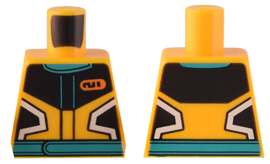 Lego Torso Racing Jacket Black and White Panels, Dark Turquoise Collar and Belt, and Orange Name Tag Pattern / Bright Light Orange