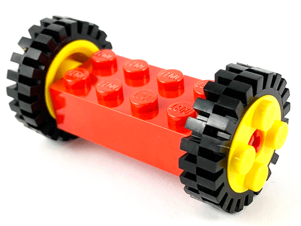 Lego Brick, Modified 2 x 4 with Pins with 2 Yellow Wheel FreeStyle with Technic Pin Hole and 2 Black Tire 24mm D. x 8mm Offset Tread (6249 / 6248 / 3483)