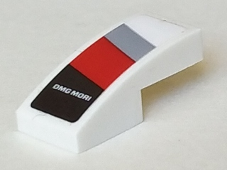 Lego Slope, Curved 2 x 1 x 2/3 with 'DMG MORI' on Light Bluish Gray, Red and Black Diagonal Stripes Pattern Model Left Side (Sticker) - Set 75887