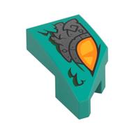 Lego Brick Wedged, Curved 2 x 1 with Stud Notch Left with Orange Eye, Silver Armor Plating Print / Dark Turquoise