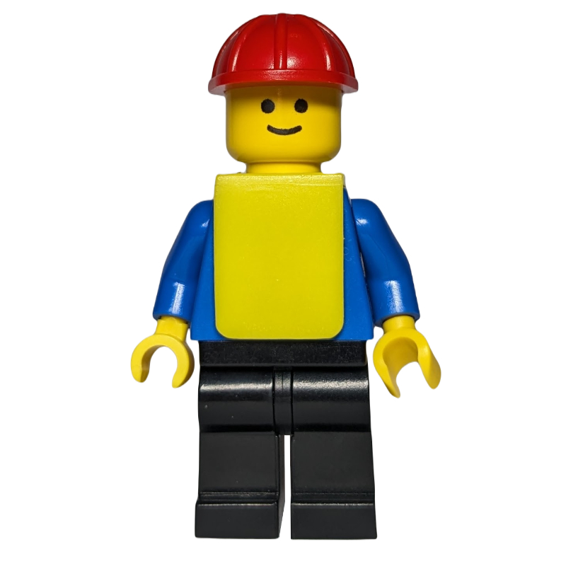 Lego Construction Worker, Blue Shirt with Pockets and Buttons, Black Legs, Red Hard Hat, Yellow Vest