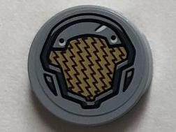 Lego Tile, Round 2 x 2 with Bottom Stud Holder with Gold and Light Bluish Gray Panel Pattern (Sticker) - Set 76099 / Light Bluish Gray