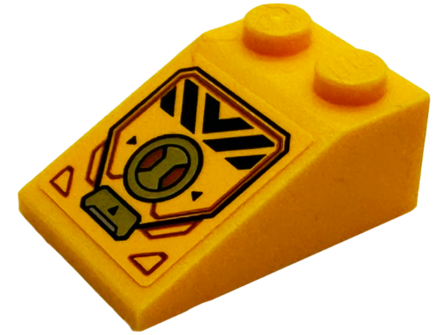 Lego Slope 33 3 x 2 with Black Chevron and Danger Stripes, Gold Latch, Circle and Armor Plates Pattern (Sticker) - Set 71833 / Bright Light Orange