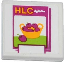 Lego Tile 2 x 2 with 'HLC' and Cherries Pattern (Sticker) - Set 41035 / White