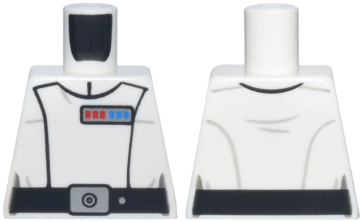 Lego Torso SW Imperial Officer 23, Black Belt with Silver Buckle and Dot, Blue and Red Rank Badge, Folds on Back Pattern (Colonel Wullf Yularen) / White