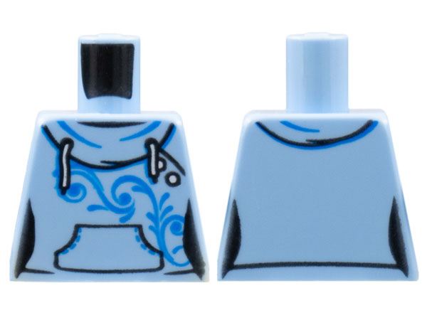 Lego Torso Female Hoodie with White Laces, Blue Scrollwork, Kangaroo Pocket and Back Print Pattern / Bright Light Blue