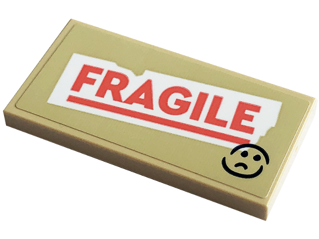 Lego Tile 2 x 4 with Sad Face and Coral 'FRAGILE' on White Background Pattern (Sticker) - Set 41741 / Tan