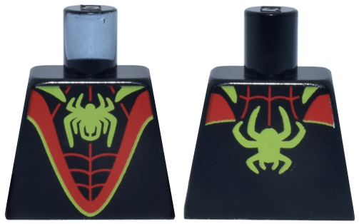 Lego Torso Super Hero Costume with Red V-Shaped Stripe and Webbing, Lime Spider and Trim Pattern / Black