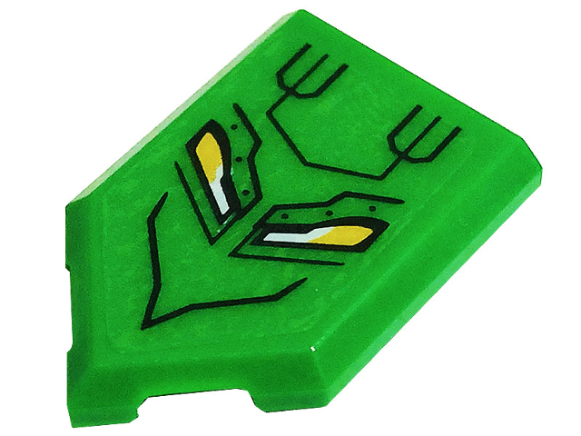 Lego Tile, Modified 2 x 3 Pentagonal with Black Mouth, Lines, Metal Plates with Rivets, Bright Light Orange and White Eyes Pattern (Sticker) - Set 76175 / Green