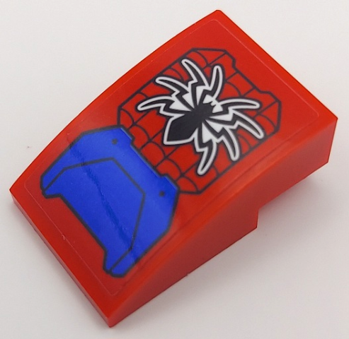 Lego Slope, Curved 3 x 2 with Black Spider, Webbing and Blue Hull Plate Pattern (Sticker) - Set 76115 / Red