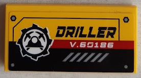 Lego Tile 2 x 4 with Mining Logo, 'DRILLER' and 'V.60186' Pattern (Sticker) - Set 60186 / Yellow