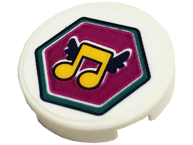 Lego Tile, Round 2 x 2 with Bottom Stud Holder with Bright Light Orange Music Notes with Black Wings in Magenta Hexagon Pattern (Sticker) - Sets 41368 / 41449