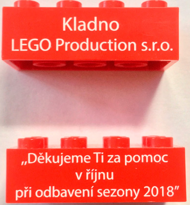 Lego Brick 2 x 4 with 'Kladno LEGO Production s.r.o.' and 'Thank you for your help in October 2018' (Translated Czech) Pattern on Opposite Sides / Red