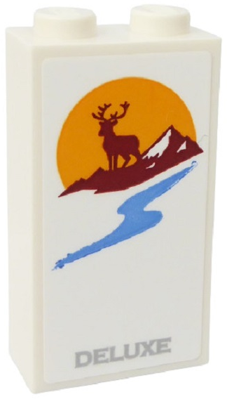 Lego Brick 1 x 2 x 3 with Silver 'DELUXE', Bright Light Orange Sun, Medium Blue River, Reddish Brown Deer and Mountain Pattern (Sticker) - Set 60283
