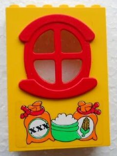Lego Fabuland Building Wall 2 x 6 x 7 with Round Symmetric Red Window with 3 Sacks Pattern on front (Sticker) - Set 3667