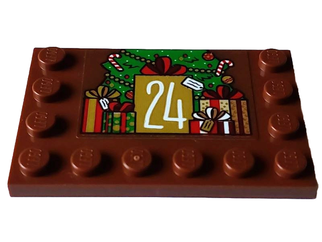 Lego Tile, Modified 4 x 6 with Studs on Edges with White Number 24 on Gold Rectangle, Presents and Green Christmas Tree Bottom Half Pattern (Sticker) - Set 4002023