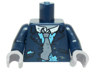 Lego Torso Suit Coat Tattered, Muddy, White Collar, Gray Tie, Blue Shirt Pattern / Dark Blue Arm Left / Dk Blue Arm Right with Torn Sleeve / Light Bluish Gray Hands